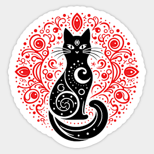 The Mystery Feline Mandala. Black & Red Sticker